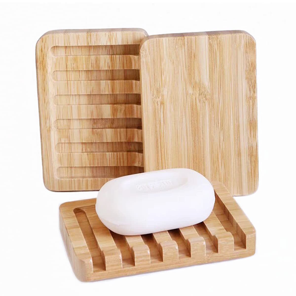 Natural Bamboo Soap Dish Set | Self-Draining Waterfall Tray – 3-Pack