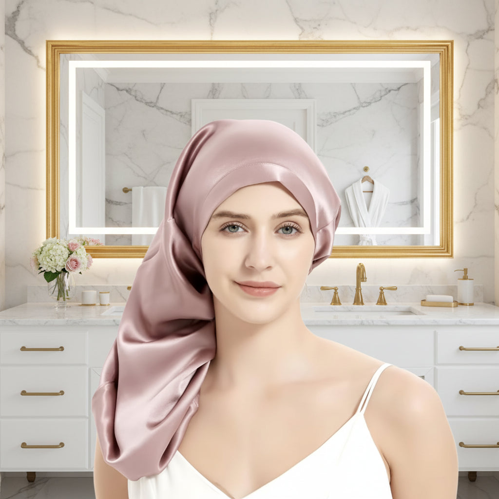 Oversized Pure Mulberry Silk Bonnet | Long Hair Overnight Sleep Cap – Rosy