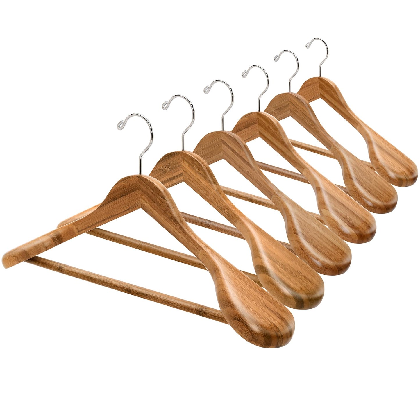 Wide Shoulder Bamboo Wooden Suit Hangers | Heavy-Duty Coat & Jacket Tray – 6-Pack