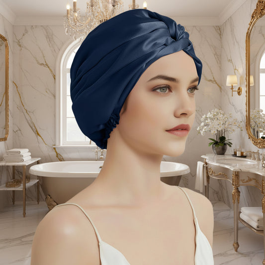 22 Momme Double-Sided Silk Bonnet | 100% Pure Mulberry Silk Sleep Cap – Navy Blue