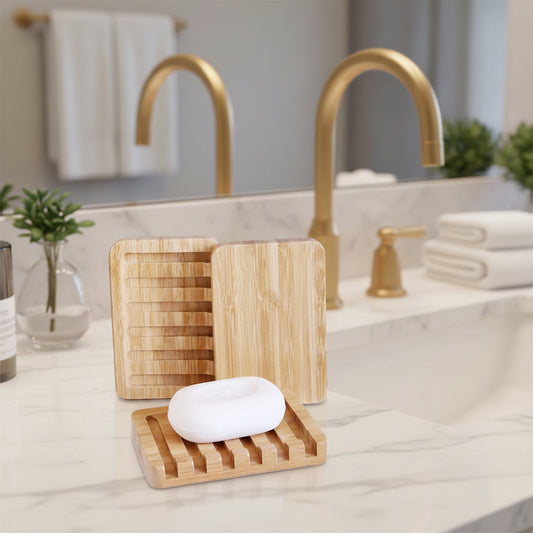 Natural Bamboo Soap Dish Set | Self-Draining Waterfall Tray – 3-Pack